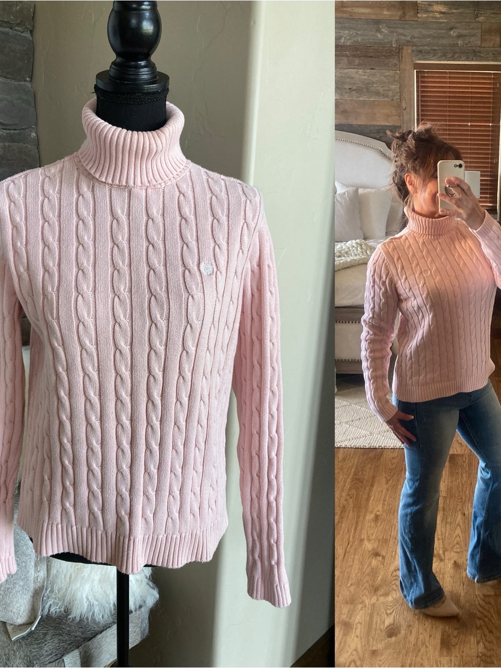 Y2K Chaps Cable Knit Preppy Girly Baby Pink Turtleneck Sweater